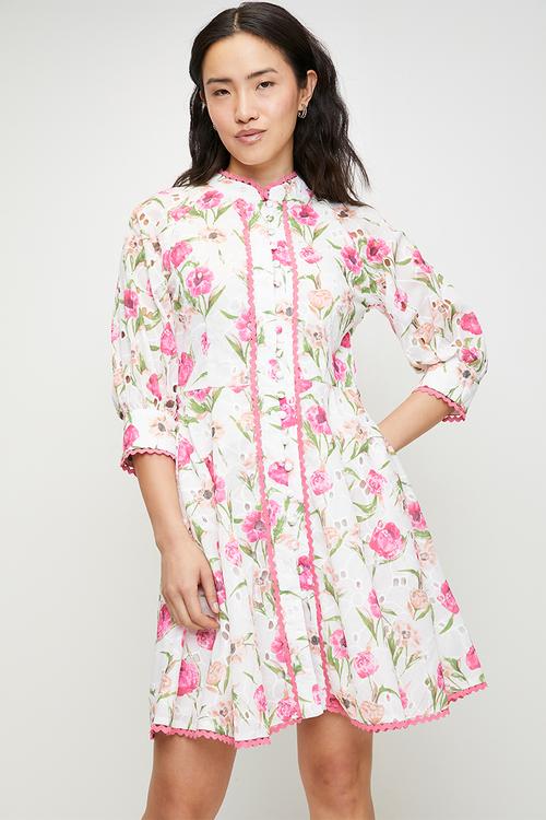L/s garden floral print mini dress with fine ladder lace detail throughout - pink multi floral