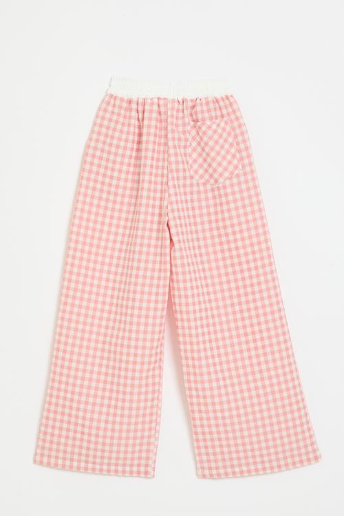 Wide leg pants with contrast waistband - pink gingham
