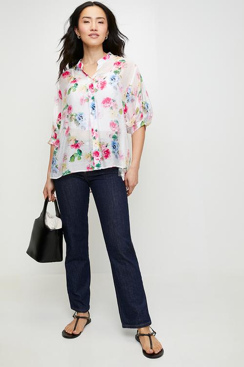 Easy wearing batwing floral blouse 1/2 sleeve - white multi