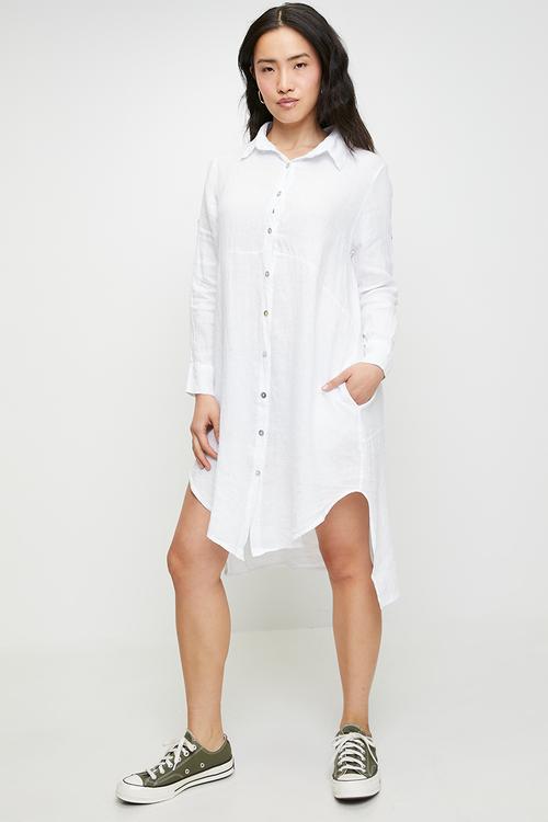 Linen Midi Dress With Front Scoop - White