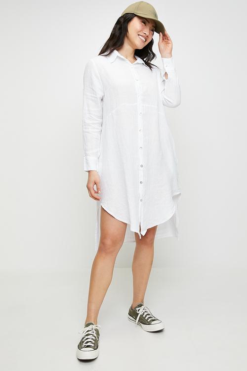 Linen Midi Dress With Front Scoop - White