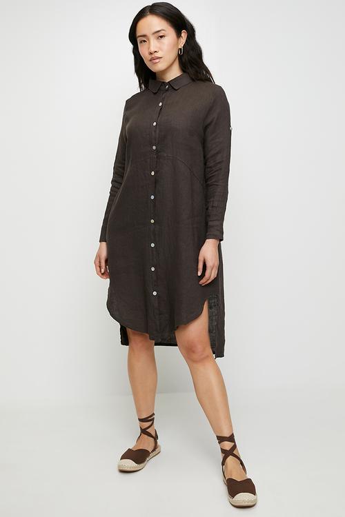 Linen Midi Dress With Front Scoop - Chocolate