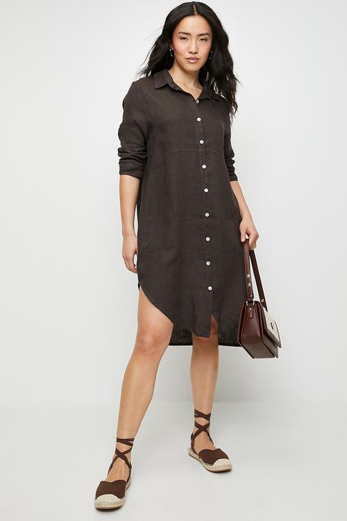 Linen Midi Dress With Front Scoop - Chocolate