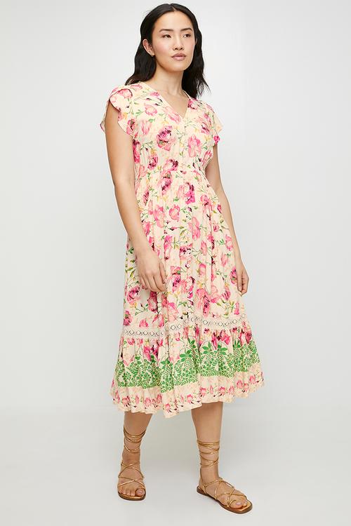 Cap flutter sleeve floral print midid dress with ladder lace detail  - pink multi floral