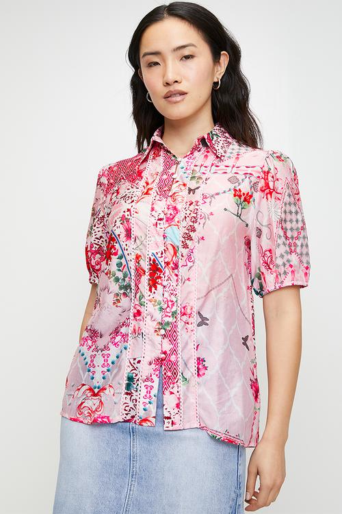 S/s multi print fitted shirt with ladder lace detail down seams - pink multi