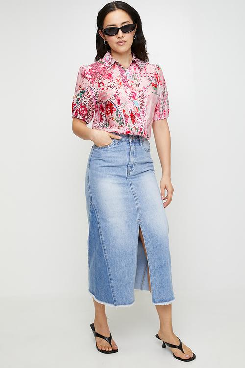S/s multi print fitted shirt with ladder lace detail down seams - pink multi