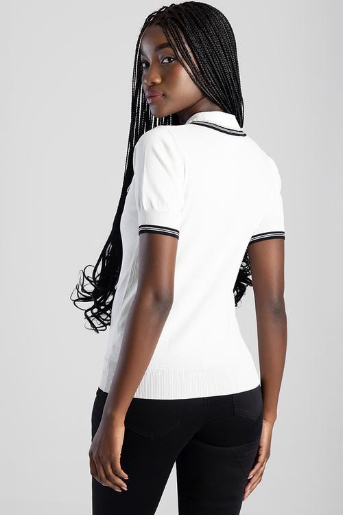New Beginnings: Short Sleeve Polo Knit Top With Pearl Detail - White
