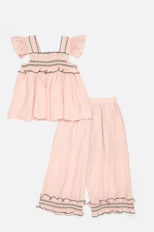 Contrast stitched smocked top with matching pants - pink