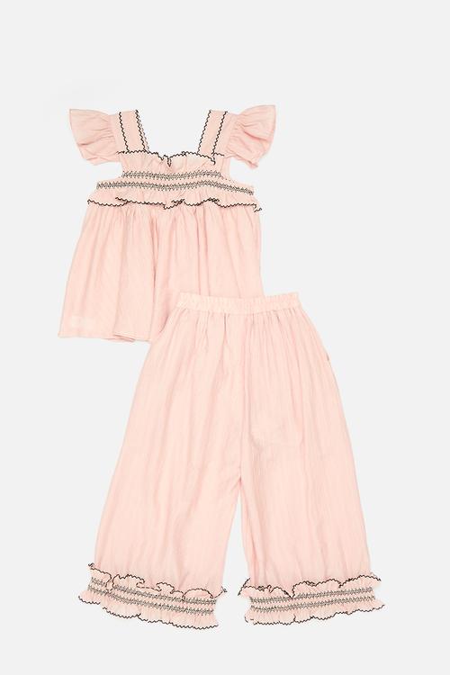 Contrast stitched smocked top with matching pants - pink