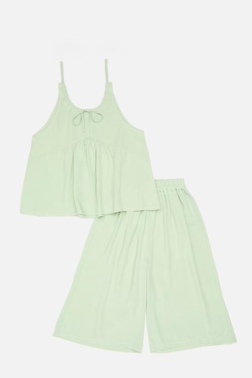 Scooped neckline cami with extra wide leg pants- sage green