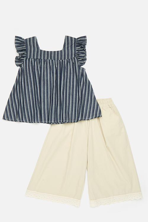 Striped denim top with woven trim wide leg pants - multi