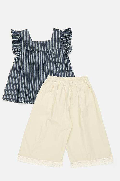 Striped denim top with woven trim wide leg pants - multi