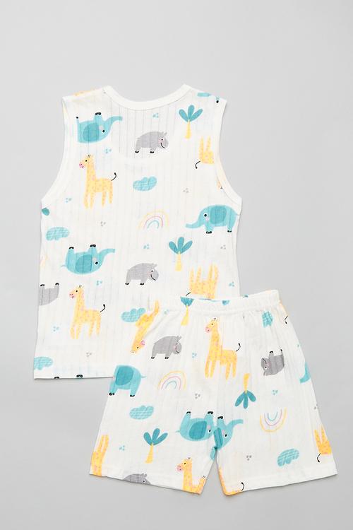 Safari themed all-over print pj tank top & shorts - white
