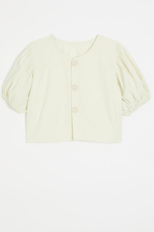 Collarless button-up top with puff sleeves - ivory