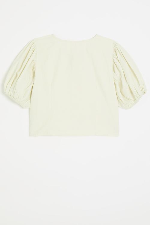 Collarless button-up top with puff sleeves - ivory