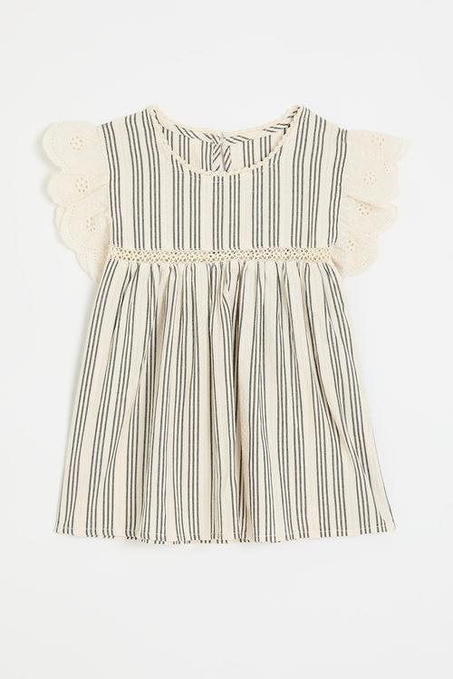 Frilled anglaise sleeve top - off white/ black stripes