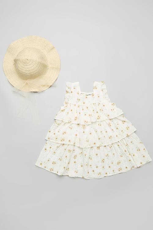 Yellow floral tiered dress with tulle bow sun hat - multi