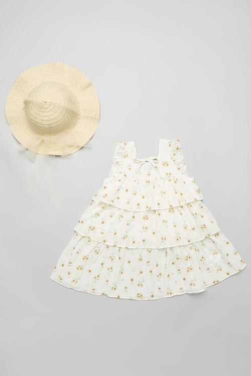Yellow floral tiered dress with tulle bow sun hat - multi
