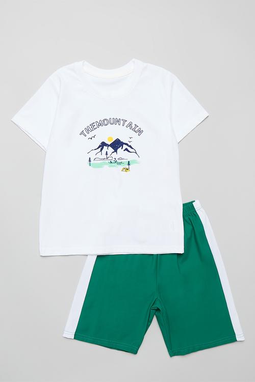 Printed tee & short set - green & white