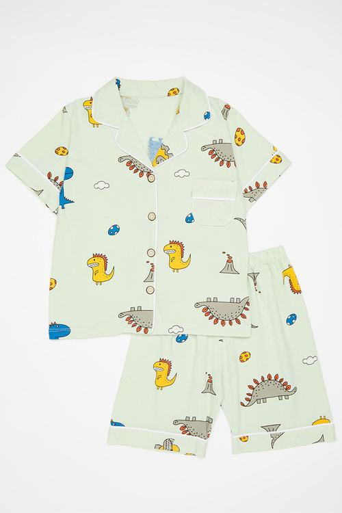 Button down dino all-over print pj set - pastel green