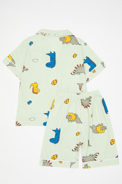 Button down dino all-over print pj set - pastel green