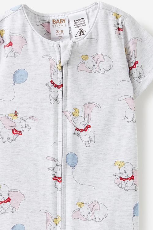 The short sleeve zip romper license - lcn dis snow marle/flying dumbo