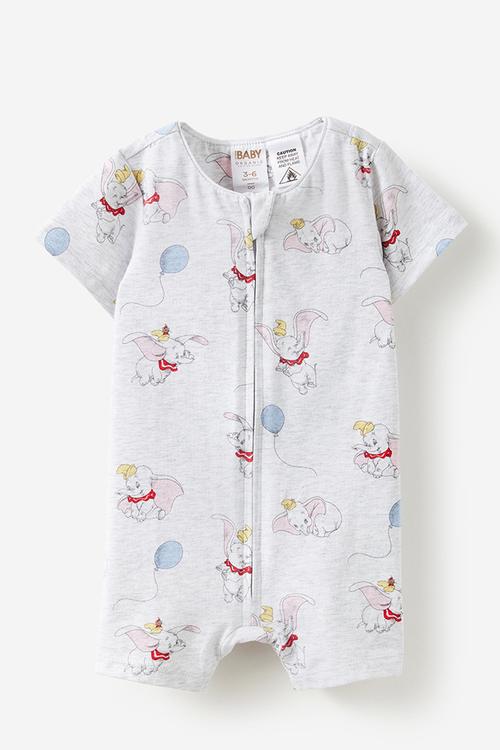 The short sleeve zip romper license - lcn dis snow marle/flying dumbo