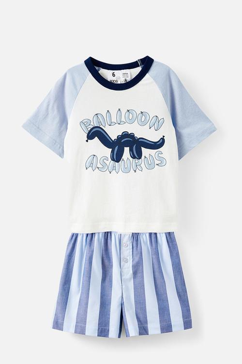 Jackie raglan short sleeve pyjama set - in the navy/balloonasaurus