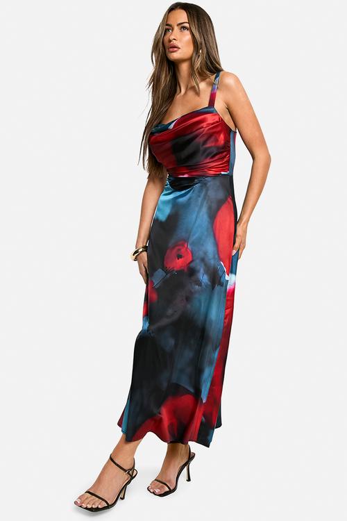 Floral Satin Corset Midaxi Dress - Black