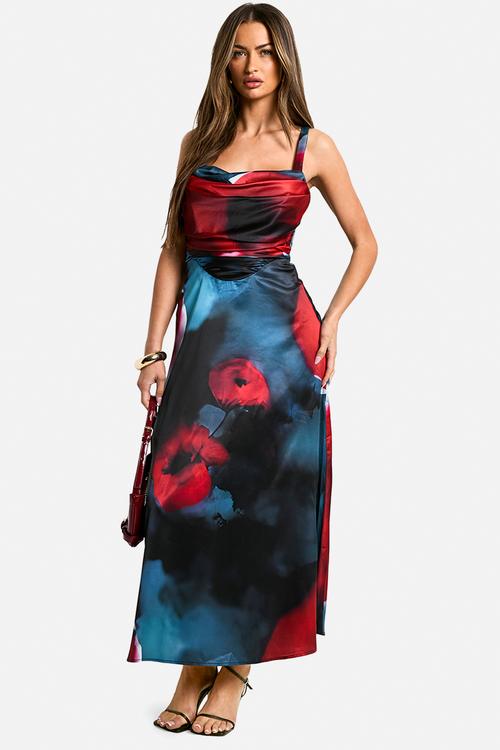 Floral Satin Corset Midaxi Dress - Black