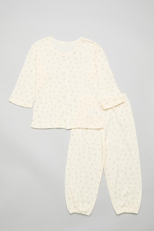 Smiley face aop crinkled cotton pj set - cream