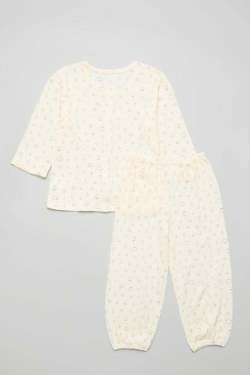 Smiley face aop crinkled cotton pj set - cream