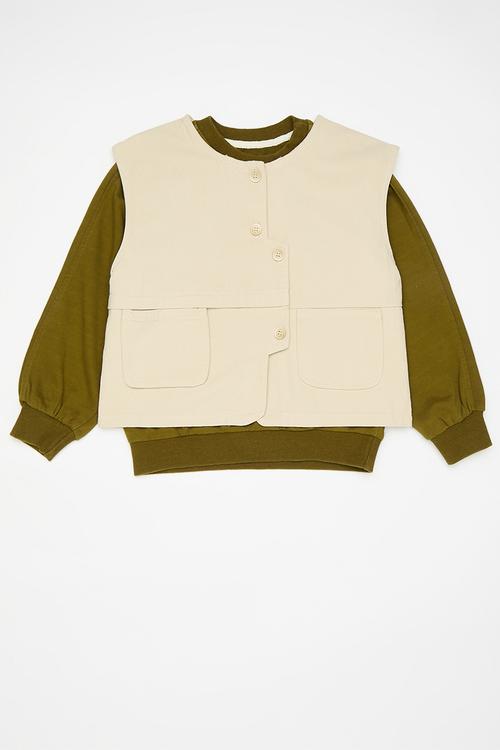 Raglan sweatshirt and vest set - forest green/beige