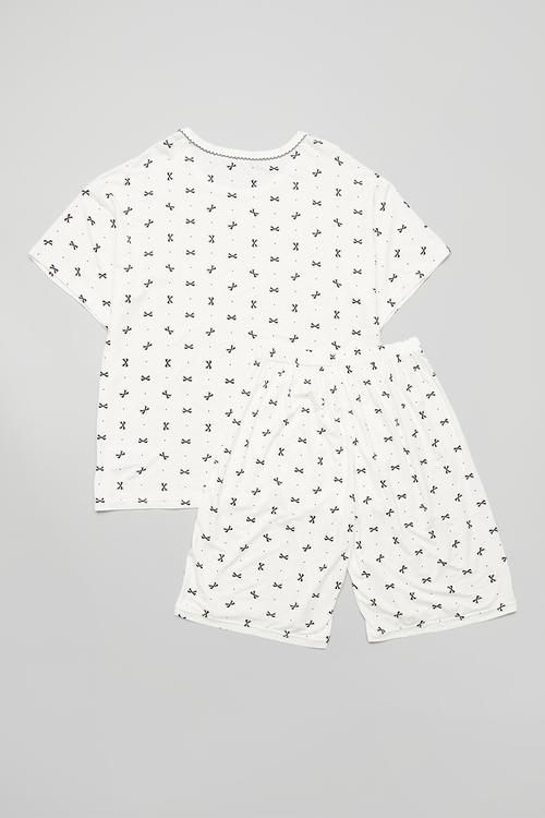 Shell stitch neckline pj top with shorts- white/bow aop
