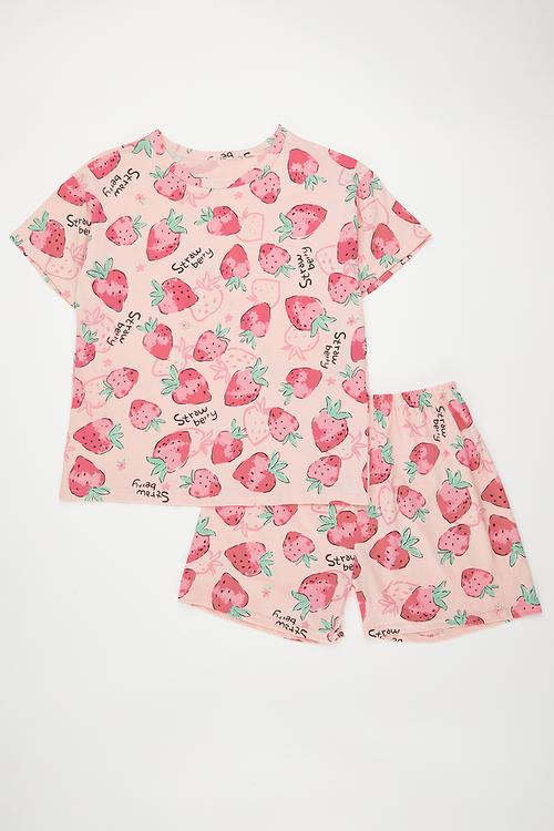 Strawberry all-over print pj top & shorts - pink
