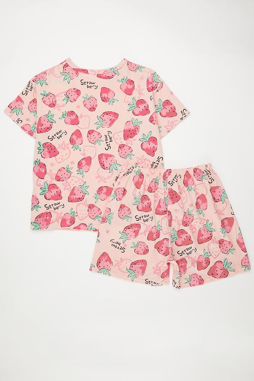 Strawberry all-over print pj top & shorts - pink