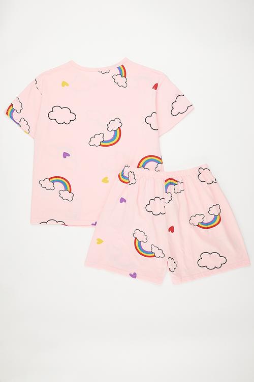 Rainbow and cloud all-over print pj top & shorts - pink