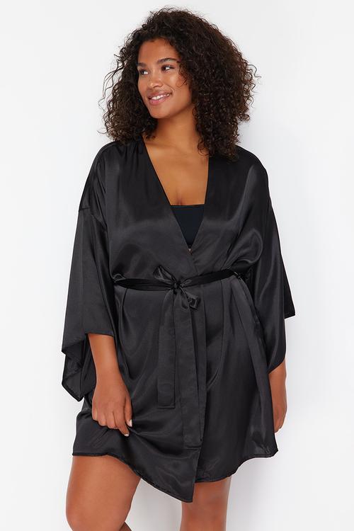 Plus size wide sleeve satin dressing gown - black