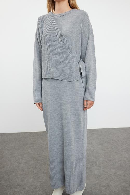 Gray Knitwear Cardigan and Dress Set - Gray