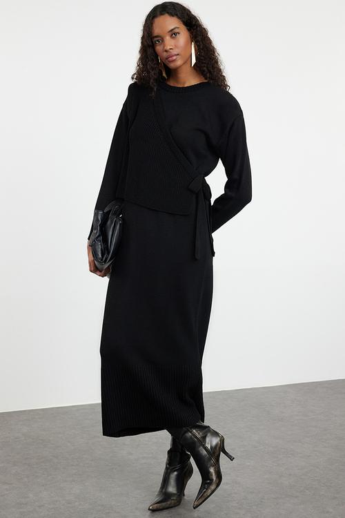 Knitwear Cardigan and Dress Set  - Black