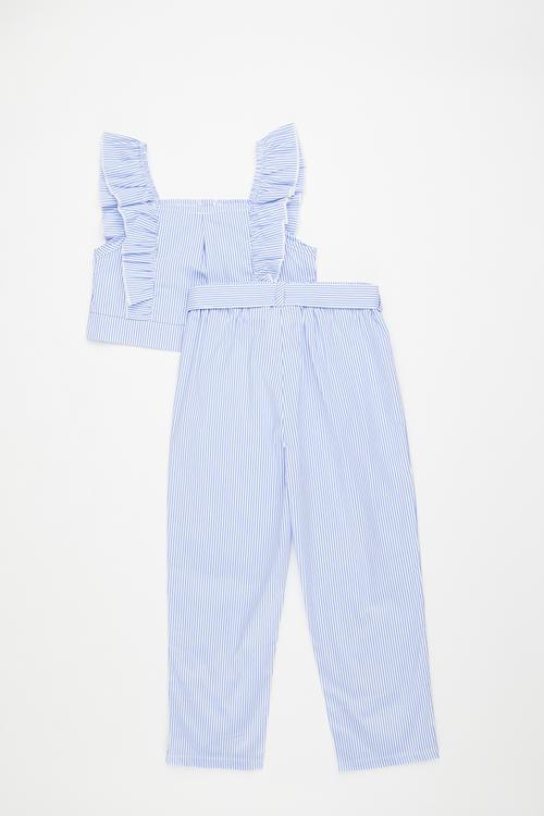 Front closure top & tie belt pants- blue/white/candy stripes