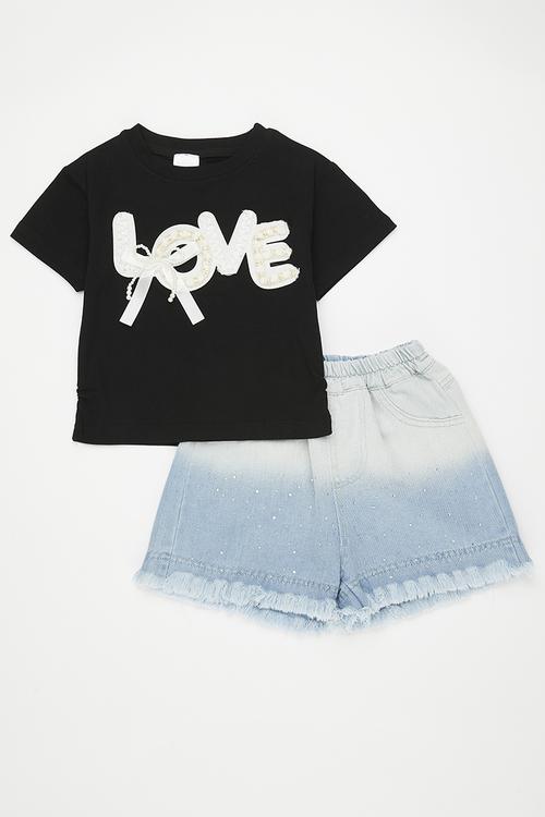 Embellished slogan tee with ombre denim shorts - black/blue/love