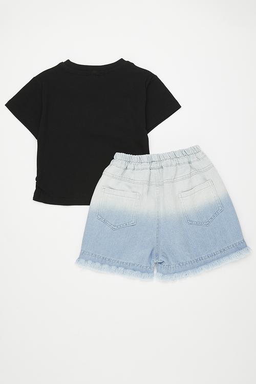 Embellished slogan tee with ombre denim shorts - black/blue/love