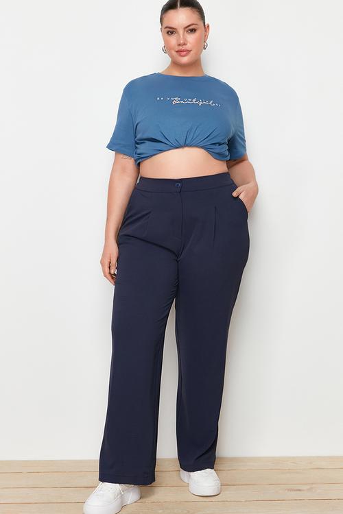 Plus size elastic wide leg pants - navy blue