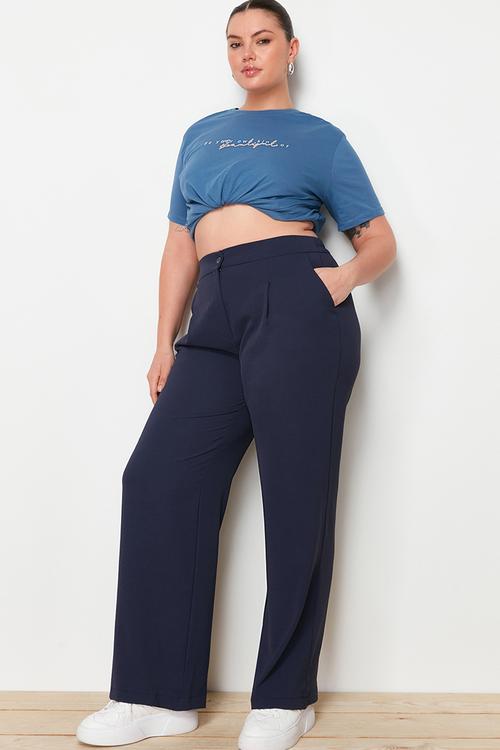 Plus size elastic wide leg pants - navy blue