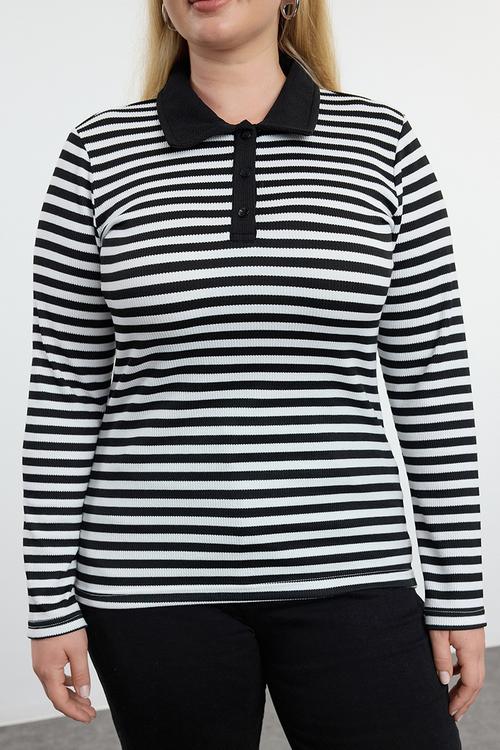 Plus size striped knitted blouse - black & white
