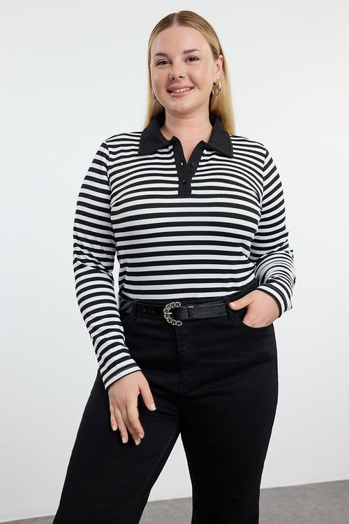 Plus size striped knitted blouse - black & white