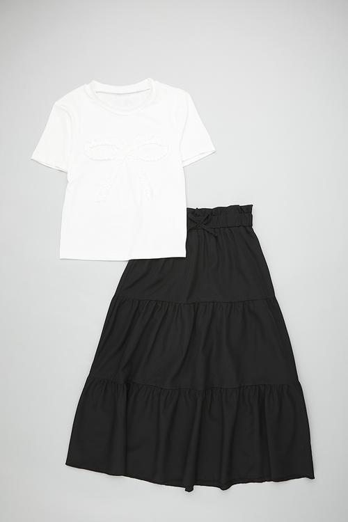 Ruffled bow applique tee with gypsy skirt - white/black