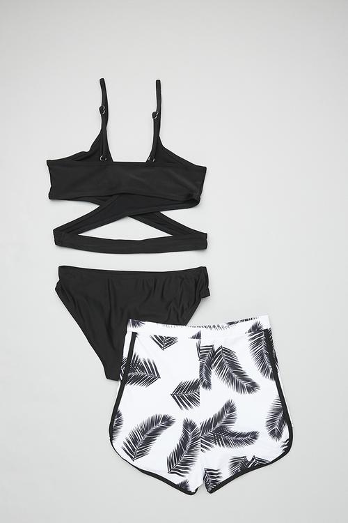 Bikini with curved hem board shorts- black/white/leaf aop