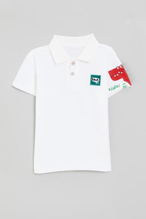 Golf shirt with badge & dino sleeve - white